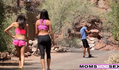 Horny mom Janice Griffith milking a big cock in a hot threesome