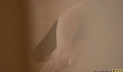 Petite teen Ornella Morgen blows off her boyfriend's old dad