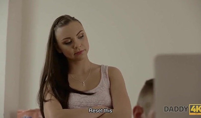 Petite teen Ornella Morgen blows off her boyfriend's old dad