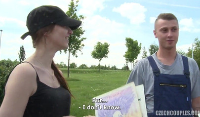 Horny brunette offers a young couple cash to participate with her in a outdoor threesome