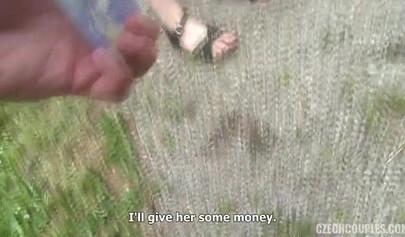 Horny brunette offers a young couple cash to participate with her in a outdoor threesome