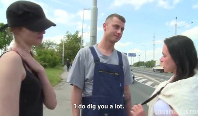 Horny brunette offers a young couple cash to participate with her in a outdoor threesome