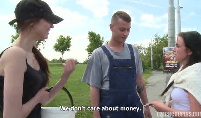 Horny brunette offers a young couple cash to participate with her in a outdoor threesome