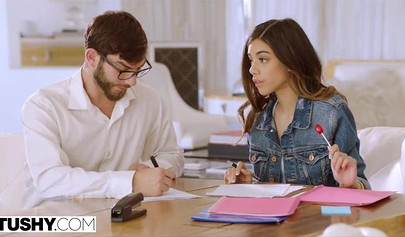 Delicious teen Harmony Wonder gets her butthole stretched out by a nerd's cock