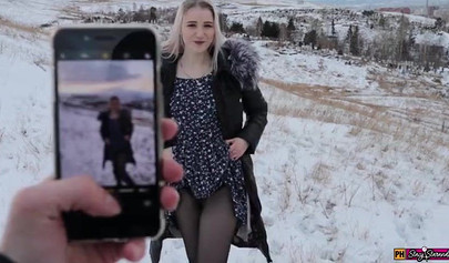 Adorable teen in a fur coat fucks in cold weather and swallows cum