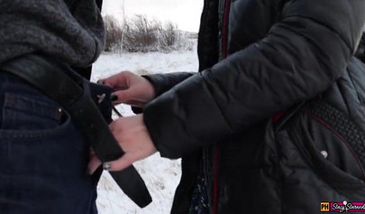 Adorable teen in a fur coat fucks in cold weather and swallows cum