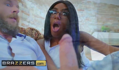 Nerdy ebony teen in over-the-knee socks Ashley Aleigh riding Scott Nails's huge dick