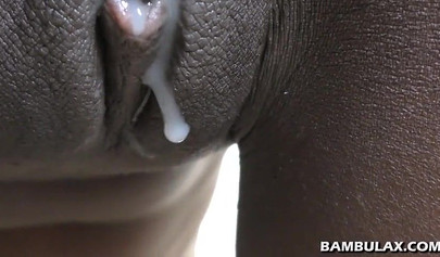 Blindfolded Afro-American teen sucks a white boner and gets her chocolate pussy creampied