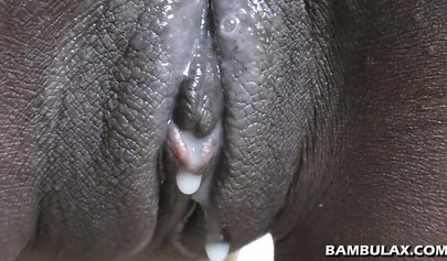 Blindfolded Afro-American teen sucks a white boner and gets her chocolate pussy creampied