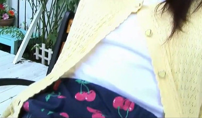 Delicious Japanese teen removes her panties in public and rubs her bald pussy