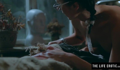 Stunning babe with glasses blows off and fucks a creepy mummy