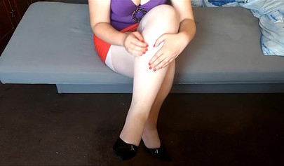 Wife puts on sexy pantyhose before ripping them off