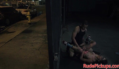 Geeky brunette teen gets tied up and fucked in public