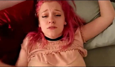 Pink haired teen with large natural boobs enjoying POV sex