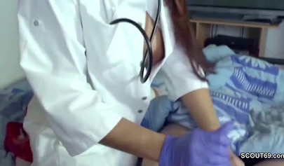 Big boobed German doctor giving her patient an incredible handjob