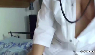 Big boobed German doctor giving her patient an incredible handjob
