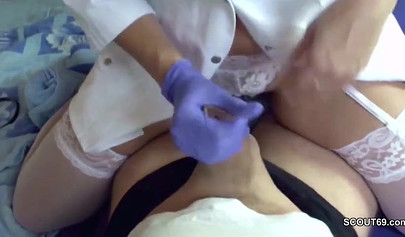 Big boobed German doctor giving her patient an incredible handjob