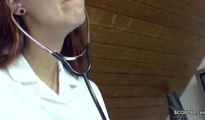 Big boobed German doctor giving her patient an incredible handjob