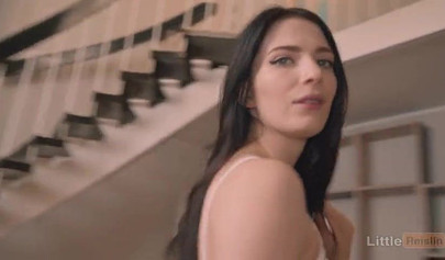 Oiled up babe in ripped jeans gets screwed doggystyle on the stairs