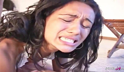 Hot Brazilian shemale gets double fucked by two men outdoors