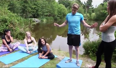 Four sexy yoga babes suck and massage a nice white dick outdoors