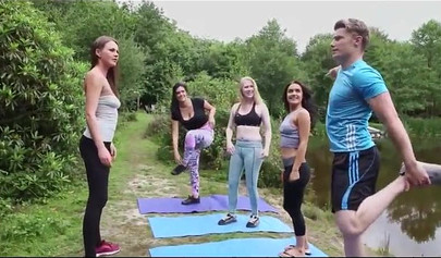 Four sexy yoga babes suck and massage a nice white dick outdoors