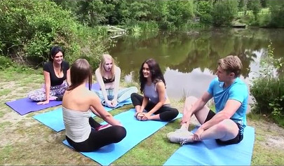 Four sexy yoga babes suck and massage a nice white dick outdoors