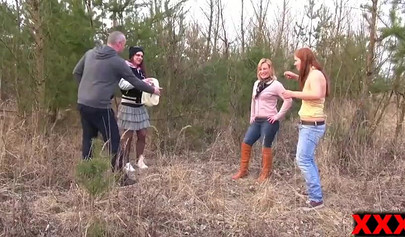 Three sinful amateur teen get involved in an outdoor foursome with a stranger