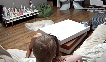 Brunette teen gives a BJ, strips and rides a dick