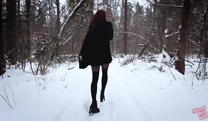 Hot ginger teen MollyRedWolf gets screwed in the forest on cold weather