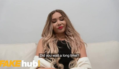 Tall Russian blonde Polina Max sits on fake agent's dick and rides it