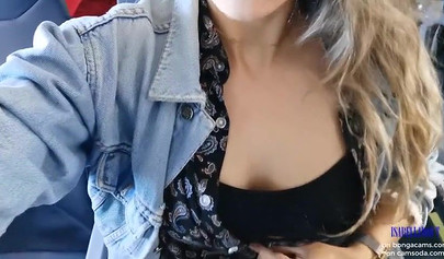 Smoking hot model shows her juicy tits and masturbates in the plane