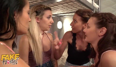 Crazy college sluts fuck a lucky guy at the hostel