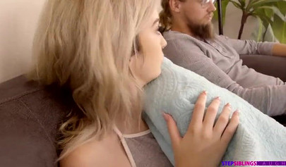 Kinky teen Lexi Lore blows off her stepbrother while father sleeping on the sofa