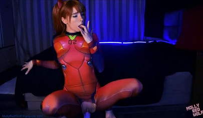 Redhead cosplay hottie masturbates before taking a shaft up her holes