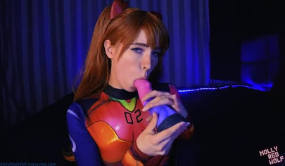 Redhead cosplay hottie masturbates before taking a shaft up her holes