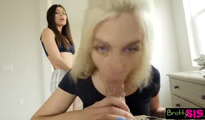 Slutty stepsister sharing her stepbrother's penis with her girlfriend