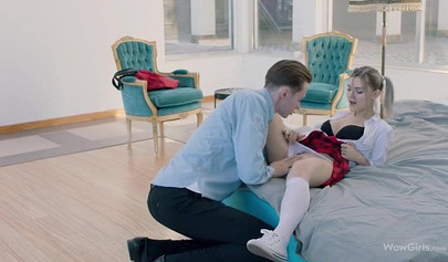 Schoolgirl Elfie takes a rod deep in her throat and tight pussy