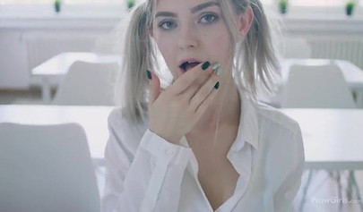 Schoolgirl Elfie takes a rod deep in her throat and tight pussy