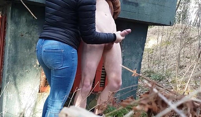 Playful teen catches a big dicked dude masturbating outdoors and helps him cum