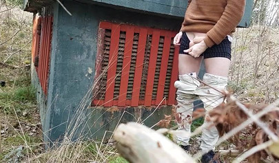 Playful teen catches a big dicked dude masturbating outdoors and helps him cum