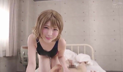 Cute Japanese teen in a swimsuit massages a tiny Asian dick