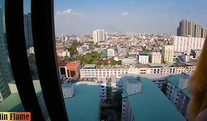 Slutty ginger dominates a big white dick on the balcony