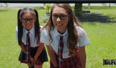 Geeky teens Lulu Chu & Mackenzie Mace share a dick instead of doing homework