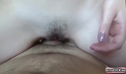 Cute amateur teen rides her unshaved pussy on a thick rod