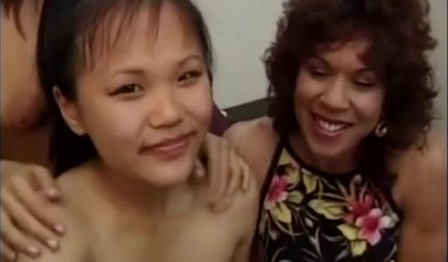 Asian mom and daughter sharing a busty ebony MILF