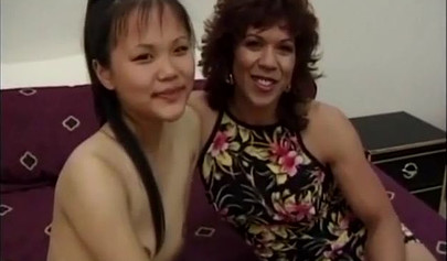 Asian mom and daughter sharing a busty ebony MILF