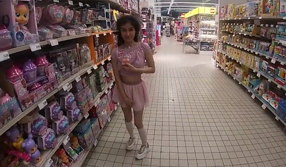 Pantyless teen flashes her pussy at the store before taking a giant facial cumshot