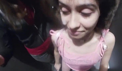 Pantyless teen flashes her pussy at the store before taking a giant facial cumshot