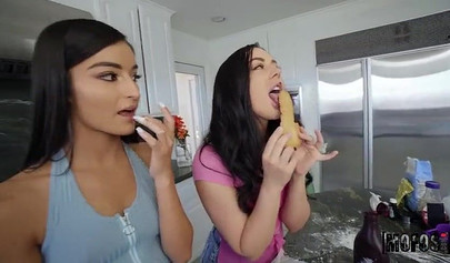 Teens Emily Willis & Whitney Wright fuck in a 3some while making cookies in the kitchen